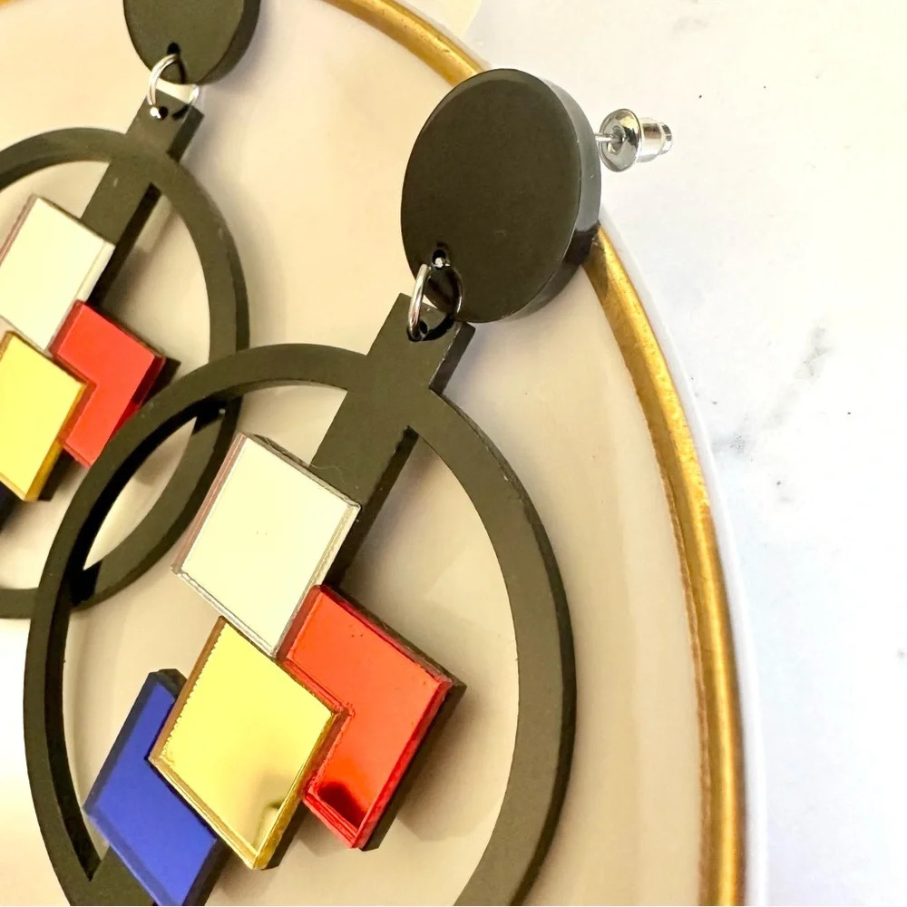 2/$30šµ Mirrored Acrylic Pop Art Earrings Geo Square Circle Color Block Mosaic - Picture 5 of 10